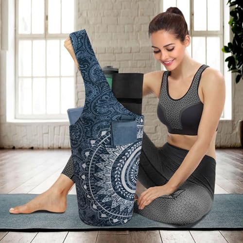 Yoga Mat Bag Carrier for Women with Side Large Pocket Durable Linen Workout Gym Travel Storage Pilates Mats - color: Mandala Circle