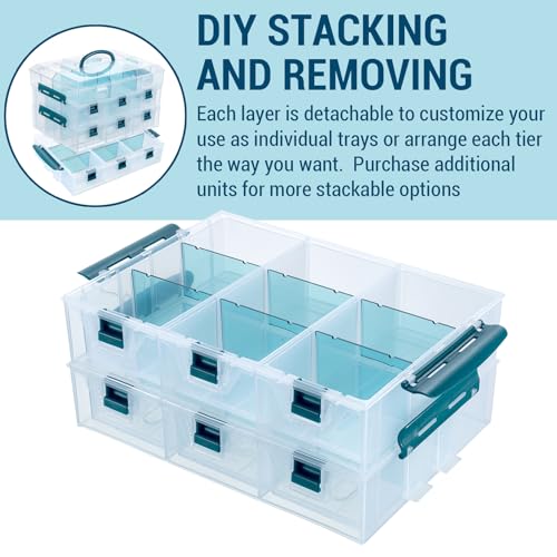 MyGift Single Stackable Tray, Add-on for 11 Inch Clear Arts & Crafts Storage Box with Blue Accents, 9 Compartment Sewing Supplies Organizer 3 Drawers and Removable Dividers - color: Clear& Blue (Add on Tray Only)