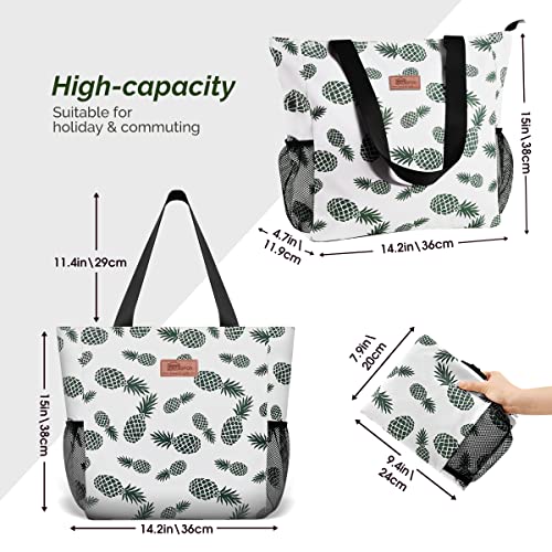 Buringer Large Waterproof Beach Bag for Women Sandproof Tote Bag with Zipper and Pockets Pool Bag for Travel Gym Vacation - color: Pineapple