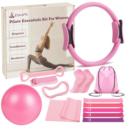 Home Pilates Ring and Ball Set for Women with 5 Resistance Bands 13 inch Magic Circle Workout Starter Kit for Beginners Full Body Toning 15 Min Daily Routine - color: Gradient Pink