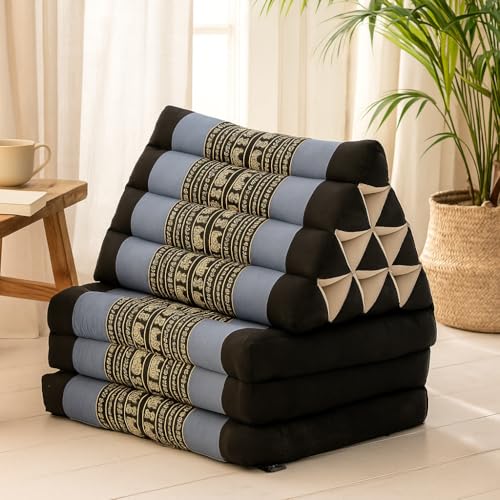 Leewadee - Comfortable Japanese Floor Mattress - Thai Floor Bed with Triangle Cushion - Futon Mattress - Thai Massage Mat, 67 x 21 inches, Blue, Kapok Filling | Floor & lounge cushion for relaxing, reading & TV - for meditation & yoga, firm & stable - col