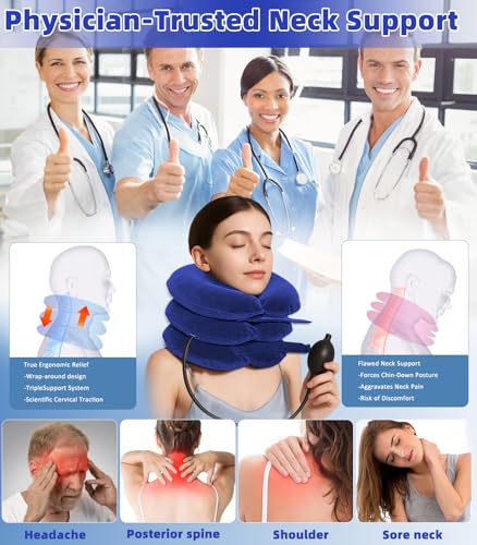 Adjustable Inflatable Cervical Traction Device, Soft Neck Stretcher Support Pillow with Sleep Eye Mask-Blue