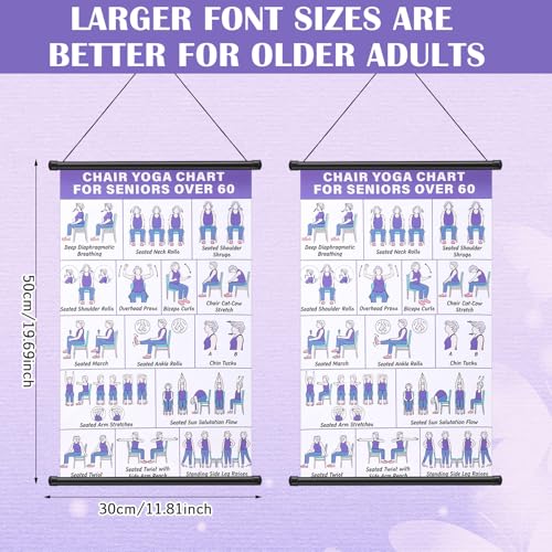 JolliLudo 2 Pcs Chair Yoga Wall Chart and 2 Pcs Elastic Band for Seniors Beginners, 31 Yoga Poses Fabric Poster with Hanging Rod & Rope, Foldable, Easy to Display for Home Office Living Room Decor