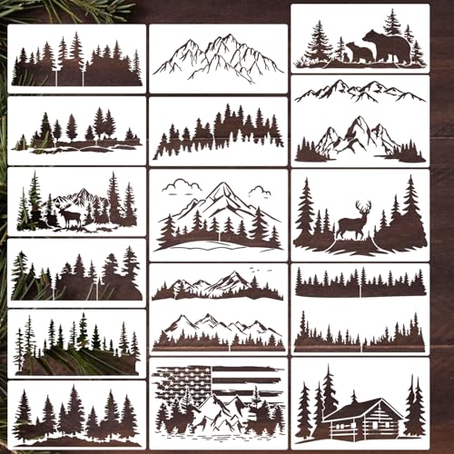 Wood Burning Stencils Tree Mountain Stencils for Painting on Wood 12" | Large Wildlife Stencil Pine Tree Forest Animal Stencil for Wood Sign Furniture Fabrics Decor - style: Mountain&Tree