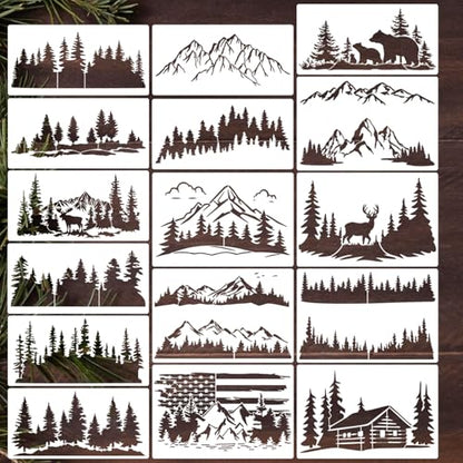 Wood Burning Stencils Tree Mountain Stencils for Painting on Wood 12" | Large Wildlife Stencil Pine Tree Forest Animal Stencil for Wood Sign Furniture Fabrics Decor - style: Mountain&Tree