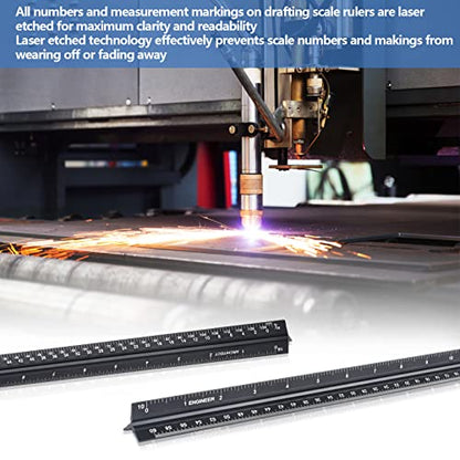 Architectural and Engineering Scale Ruler Set, Imperial Measurements 12'', Black Laser-Etched Aluminum Architect Triangular Ruler for Architects, Students, Draftsman, and Engineers | Black, Laser-Etched Aluminum Architect Triangular Ruler for Architects,