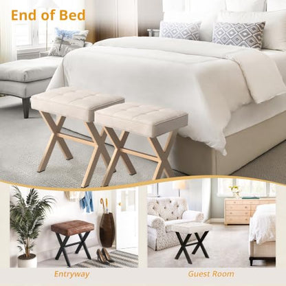 LUE BONA Square Linen Makeup Stool, Metal X Legs, Small Ottoman Stool Chair for Vanity, Modern Padded Seat Foot Rest for Makeup Room, Bathroom - color: Linen Color-sand Legs