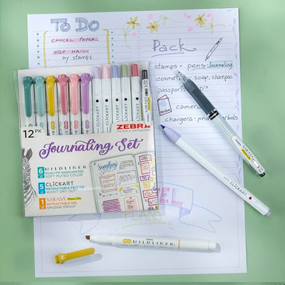 Zebra Pen Journaling Set, MILDLINER, CLiCKART & SARASA, Assorted, 12-Pack | Includes 6 MILDLINER Highlighters, 5 CLiCKART Felt Tip Pens & 1 SARASA MarkOn Pen, Ideal for Bible Study & Note-Taking (14012 - style: Creative Journaling Set 10 Pack