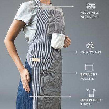 100% Cotton Kitchen Apron with 2 Pockets – Adjustable Chef Apron for Cooking Baking BBQ – Unisex Apron - color: Wipe Navy