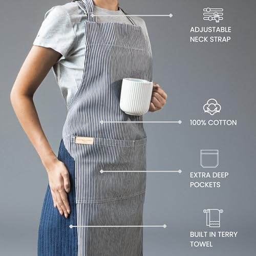 100% Cotton Kitchen Apron with 2 Pockets – Adjustable Chef Apron for Cooking Baking BBQ – Unisex Apron - color: Wipe Navy
