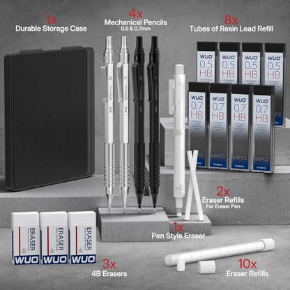 WUO Mechanical Pencil Set, 4 Pack 0.5mm & 0.7mm Metal Drafting Pencils | Mechanical pencils with 480 HB leads, eraser pen, 4B erasers, case for technical drawing, sketching, writing & school - color: Black+Sliver