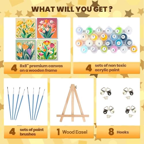 Sretoul 4 Pack Paint by Numbers Kit for Adults Framed Easel Flowers 8x8 in | Flowers Easy Framed Paint by Numbers Beginner, DIY Acrylic Oil Easy Painting by Numbers for Home Wall Decor - color: flowers 2
