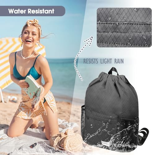 Waterproof Drawstring Backpack Sports Gym Sackpack with Mesh Pockets Water-Resistant String Cinch Beach Bag for Men Women - color: Solid - Gray