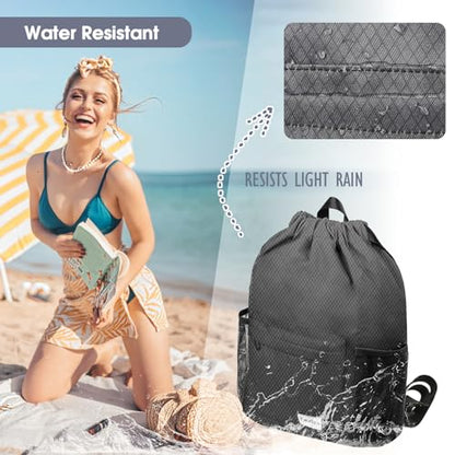 Waterproof Drawstring Backpack Sports Gym Sackpack with Mesh Pockets Water-Resistant String Cinch Beach Bag for Men Women - color: Solid - Gray