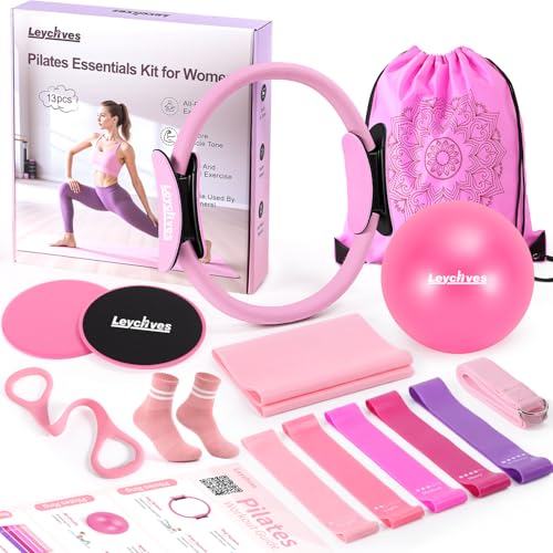 Home Pilates Essentials Kit for Women, Magic Circle Pilates Equipment Ring and Ball Set, Resistance Bands Workout Guide Video for 28 Day Pilates Challenge Starter Kit for Beginners - color: 12'' Ring – Pink