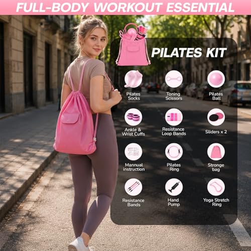 Pilates Kit for Women – Home Pilates Equipment Set with Pilates Ring & Ball, Resistance Band, Ankle Resistance Bands with Cuffs, Grip Socks & Massage Ball – Full Body Home Workout Essentials