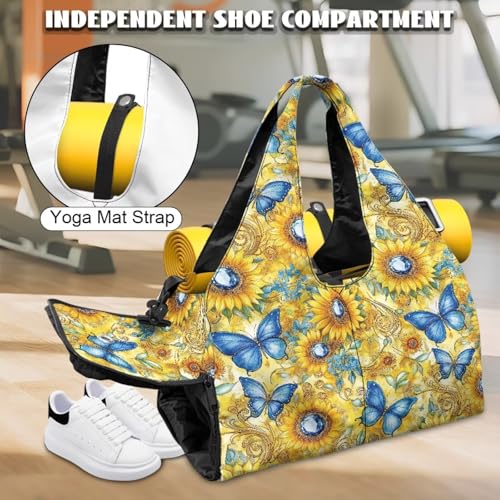 Gym Bag with Yoga Mat Holder Large Tote Bag With Multi Pockets for Women Men Dry Wet Separated Pocket Carryall Yoga Tote Bag for Pilates Travel Workout Office - color: Butterfly