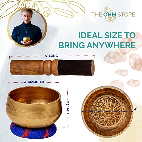 Tibetan Singing Bowl Set by The Ohm Store with 'Medicine Buddha' Engraving — Meditation Sound Bowl and Wooden Striker Handcrafted in Nepal — Spiritual Gift for Women and Men - size: 4 Inch Singing Bowl
