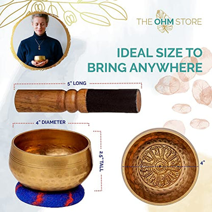 Tibetan Singing Bowl Set by The Ohm Store with 'Medicine Buddha' Engraving — Meditation Sound Bowl and Wooden Striker Handcrafted in Nepal — Spiritual Gift for Women and Men - size: 4 Inch Singing Bowl