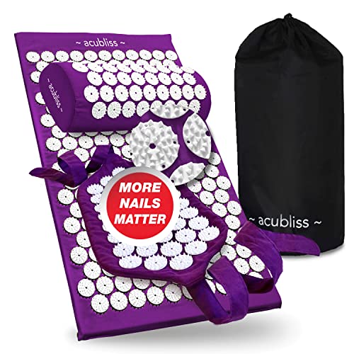 Premium Acupressure Mat, Strap & Pillow 3 Piece Gift Set, 12,348 Acupuncture Pressure Points for Back Pain Relief, Increased Energy, Relaxation, Drawstring Bag, Purple - color: Purple