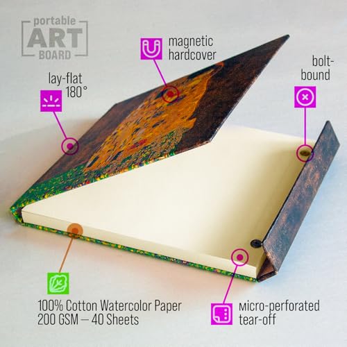 Watercolor Paper Pad — Magnetic Hardcover — 100% Cotton Watercolor Paper, Cold Press 200 GSM — 40 Sheets — Lay-Flat Watercolor Sketchbook — Art Supplies — KIROSKETCH (Klimt The Kiss 9x12 inch (A4) - color: Klimt The Kiss, size: 9x12 inch (A4)