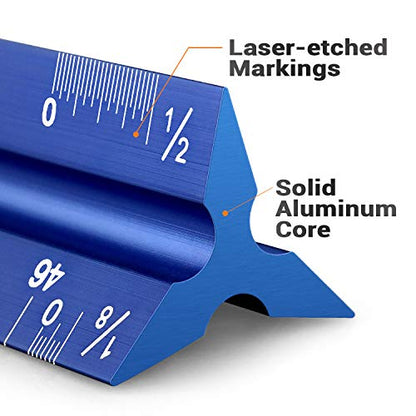 12" Architectural Scale Ruler Aluminum Architect Scale Ruler, Blue | Triangular Scale Ruler for Architects, Draftsman, Students and Engineers - color: Blue