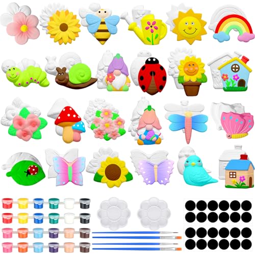 Simgoing 24 Sets Ceramic Painting Kit with Paints Brushes Magnets | Ready to Paint Ceramics Painting Crafts Arts Set with Soft Magnetic Strips for Kids DIY Assorted Shapes Like Flowers Animals - style: Spring