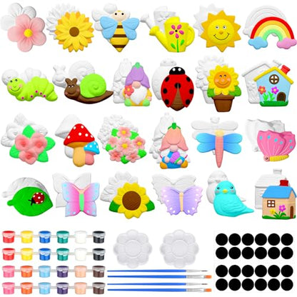 Simgoing 24 Sets Ceramic Painting Kit with Paints Brushes Magnets | Ready to Paint Ceramics Painting Crafts Arts Set with Soft Magnetic Strips for Kids DIY Assorted Shapes Like Flowers Animals - style: Spring