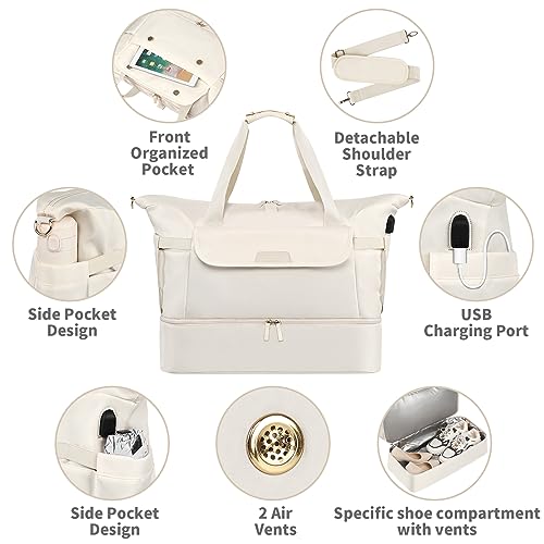 Travel Bag for Women, Sports Gym Duffel Bag, Weekender Overnight Bag with Wet Pocket and Shoes Compartment, Carry On Tote Bag Gym Yoga Duffel Bag for Men - color: Beige