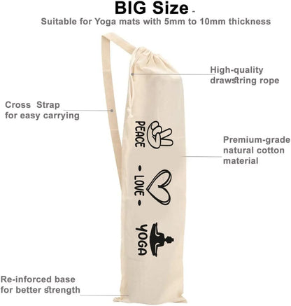 Mayatra's Organic Large Yoga Mat Tote Bag Cover -100% Cotton Lightweight,Washable Yoga Dust Bag With Adjustable Strap Unisex - color: Peace