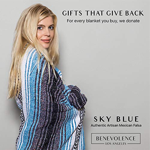 Benevolence LA Authentic Mexican Blanket – Handwoven Falsa Serape Throw – Beach, Camping, Picnic & Yoga Blanket – Lightweight Cotton Throw for Outdoor & Home – Sky Blue, 50x70 in - color: Sky Blue