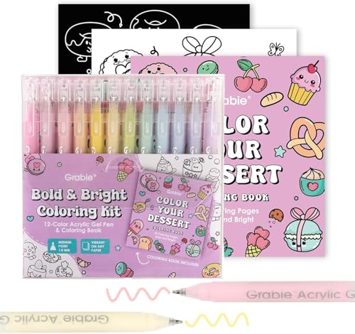Grabie Acrylic Gel Pens Coloring Kit with Book, Pack of 12 Dessert Colors | 1.0mm Medium Tip Gel Pens, Great for Adult Coloring & Journaling, Smooth Colors for Creative Art, Gift Set for Art Lovers - color: Dessert Colors