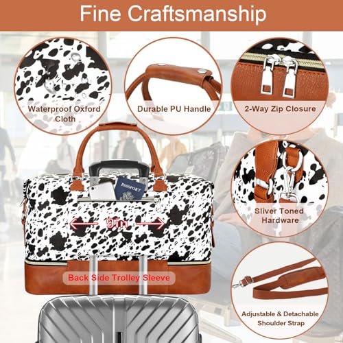 ITIEZY Weekender Bag for Women 21.5" Travel Duffel Large Carry On Bag 3PCS | Nylon Duffel Bag with Waterproof Shoe Compartment, Crossbody Bag and Toiletry Bag, Travel Weekend Hospital Overnight Gym Bag - color: 5-Black Cow