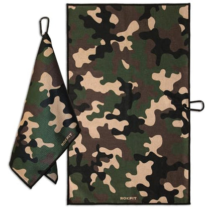 RokFit Gym & Golf Towel – Multi-Use, Quick-Dry, Durable Utility Towel with Bold Graphic and Carabiner Clip (Camo) - color: Camo