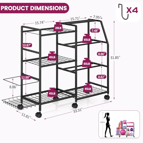 Dumbbell Rack, Weight Rack for Home Gym, Yoga Mat Storage Rack, Exercise Equipment Storage with Wheels and Hooks, Home Gym Equipment Organizer for Kettlebells - size: Standard