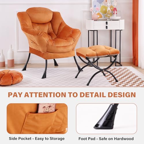 Tiita Lazy Chair with Ottoman, Comfy Reading Accent Chair, Velvet Orange - color: Orange