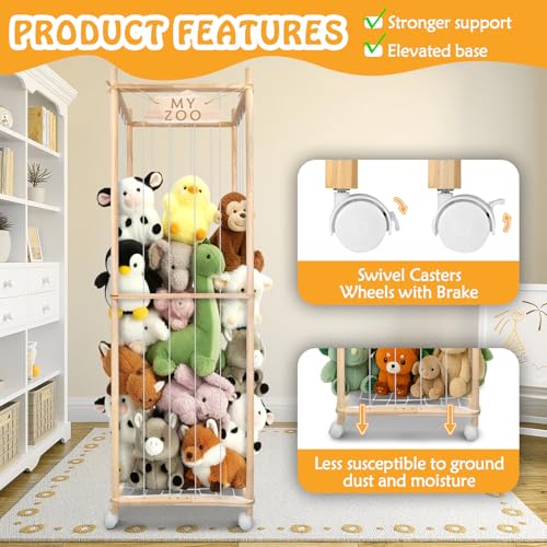 Stuffed Animal Storage Zoo with Wheels, 64" Wooden Large - color: Wooden