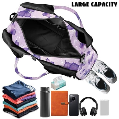 Gym Bag with Yoga Mat Holder Large Tote Bag With Multi Pockets for Women Men Dry Wet Separated Pocket Carryall Yoga Tote Bag for Pilates Travel Workout Office - color: Purple Butterfly