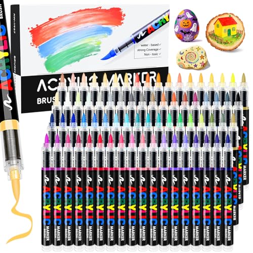 72 Colors Acrylic Paint Markers, Colored Paint Pens Brush Tip with Direct-Liquid Ink Control System, Water-Based Coloring Markers Set for Pumpkin Decorating Kit, Rock, Fabric, Wood, Wood, Art Supplies - color: 72 Colors Brush Tip