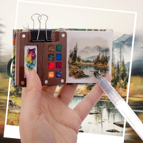 Qilery Mini Portable Watercolor Palette Set Wooden Grid Paint Box Watercolor Paper Sketch Book Brush Pens with Binder Clip for Painters Artist Not Include Paint(Bird) - style: Bird
