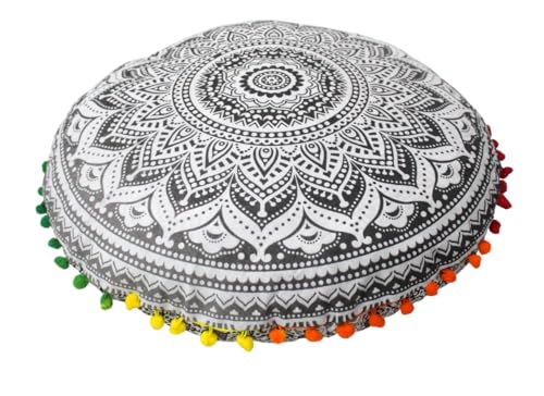 CRAFT KALA Boho Large Floor Pillow Pouf Cover Mandala Meditation Room Pillow Cover for Adults Round Bohemian Seating Pouf Cushion Cover for Kids Playroom 22" Grey Ombre - color: Grey, size: 22" x 22" (Pack of 1)