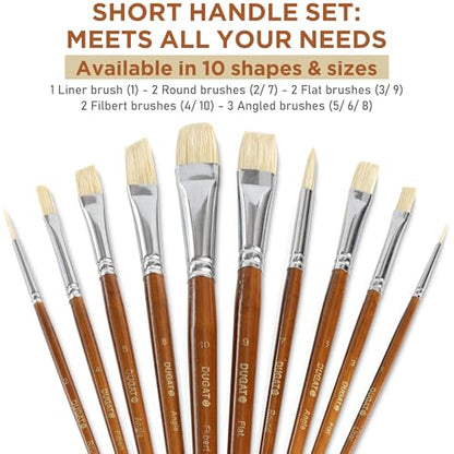 Short Handle Artist Paint Brush Set, 10-Piece Hog Hair Bristle | Strong Paint Pickup for Acrylic & Oil Painting, Comfortable Wood Handle, Kids & Adults - color: Brown