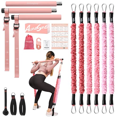 Upgraded Pilates Bar Kit with Resistance Bands Natural Latex for Women & Men, Heavy-Duty Stainless Steel Multifunctional Yoga Pilates Stick for Home Gym Exercise Fitness Equipment Full-Body Workouts - color: Coral Pink