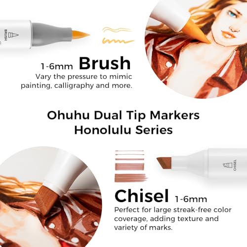 Ohuhu Alcohol Markers 24 Skin-tone Colors Brush Tip for Adults Portrait | AP Certified Refillable Art Marker, Brush& Chisel Dual Tips Alcohol-based for Artist Beginner Drawing Illustration, Honolulu - style: Chisel & Brush