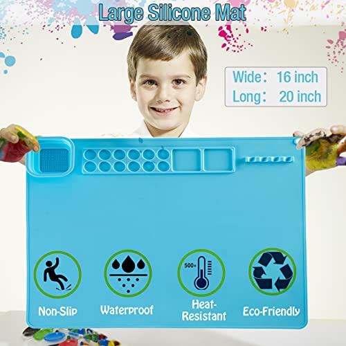 Painting Stations,Silicone Art Mat [1x Apron,1 Pair Oversleeve,20 Pieces Brushes] Painting Craft Mats 21"X17" with Detachable Cup for Resin for Kids Gift,Paint, Clay, DIY Projects - color: Blue