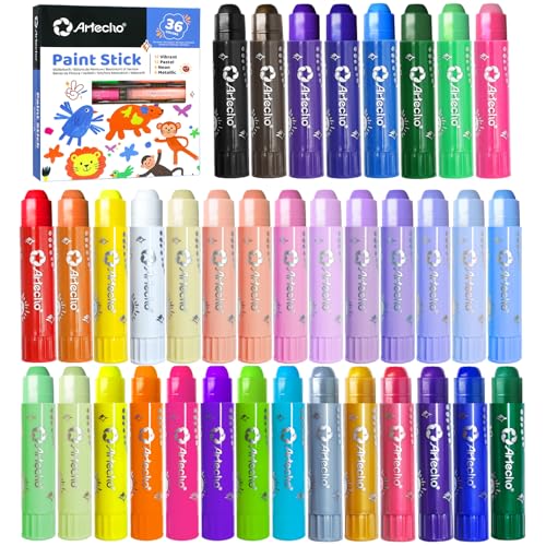 Artecho Tempera Paint Sticks, 36 Colors, Washable, Non-Toxic | Matte tempera sticks for paper, canvas, wood, rocks. 4 finishes: classic, pastel, neon, metallic