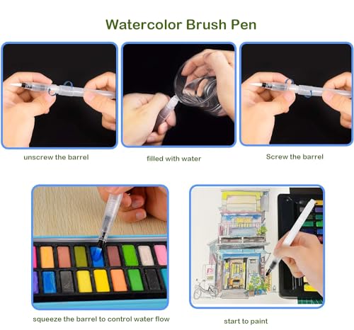 Portable Sketchbook Palette Set - 8 Grids Mini Wood Travel Paint Palette Box for Gouache, Acrylic Painting - Comes With Watercolor Paper Journal, Brush Pens and Clip