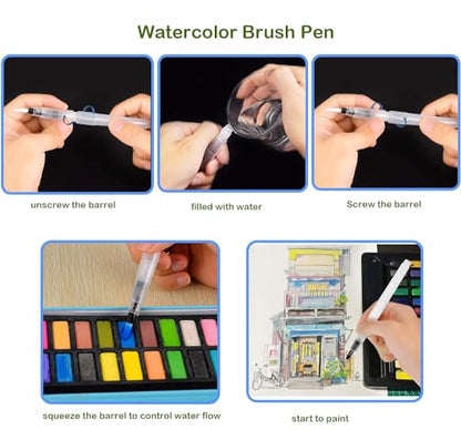 Portable Sketchbook Palette Set - 8 Grids Mini Wood Travel Paint Palette Box for Gouache, Acrylic Painting - Comes With Watercolor Paper Journal, Brush Pens and Clip