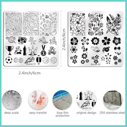 Biutee Nail Stamping Plates Set 15PCS Nail Stamping Kit with Nail Art Stamper & Scraper Nail Stamp Template Kit Lace Flower Butterfly Animal Pattern Nail Art Stencils for Manicure Salon Home DIY - color: 15 Piece Set