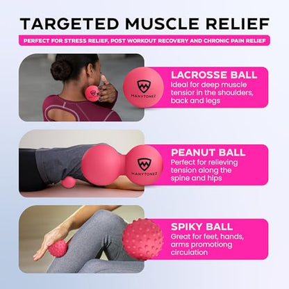 Hard Massage Ball Set - Lacrosse, Peanut, Spiky Ball (Medium Firm) with Carry Bag & eBook Guides - for Trigger Point, Muscle Physical Therapy, Myofascial Release, Deep Tissue Pressure